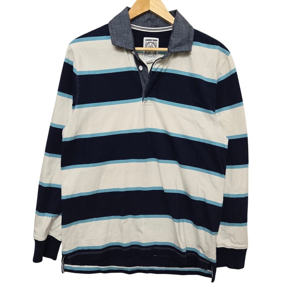 Lands End Mens Y2K Preppy Academia Rugby Polo Striped Heavy Long Sleeve Shirt M